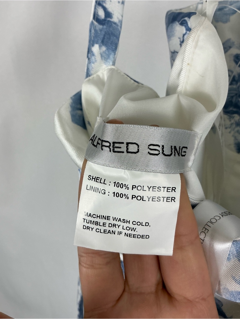 ALFRED SUNG White Satin Maxi Dress with Blue Floral Print - Picture 5 of 6